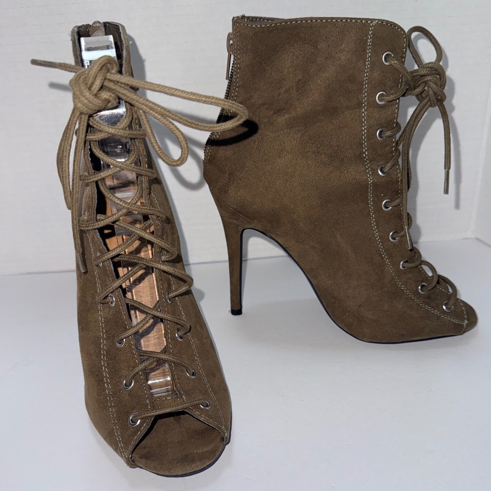Charlotte Russe Lace Up Ankle Boots Olive Peep Toe Stiletto Heel Baddie Glam Sz7